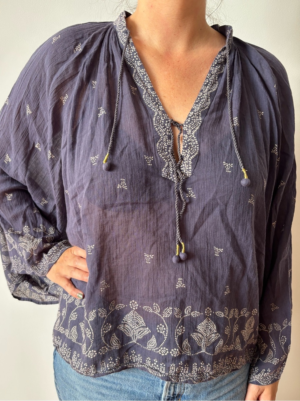 Doen Blue Embroidered Peasant Top
